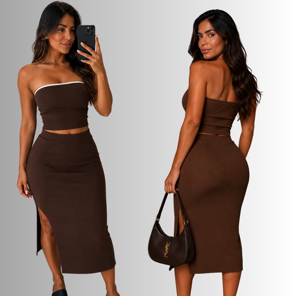 Conjunto Feminino Saia Midi e Top Tomara Que Caia Tecido Anarruga Zero Transparência Cropped Casual