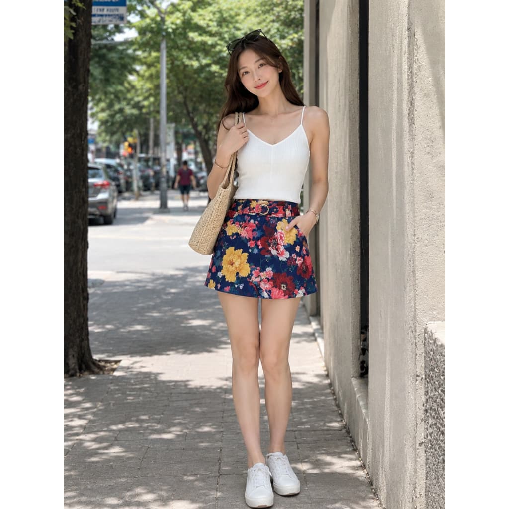 Saia Curta Floral Feminina Cintura Alta com Cinto Estilo Casual Moda Verão Blogueira