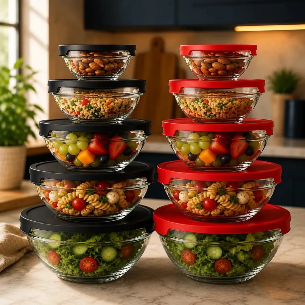 Conjunto Kit 5 Pote Bowls De Vidro Com Tampa Preta Tigela Cumbuca Ideal Para Uso Em Freezer E Geladeira Água