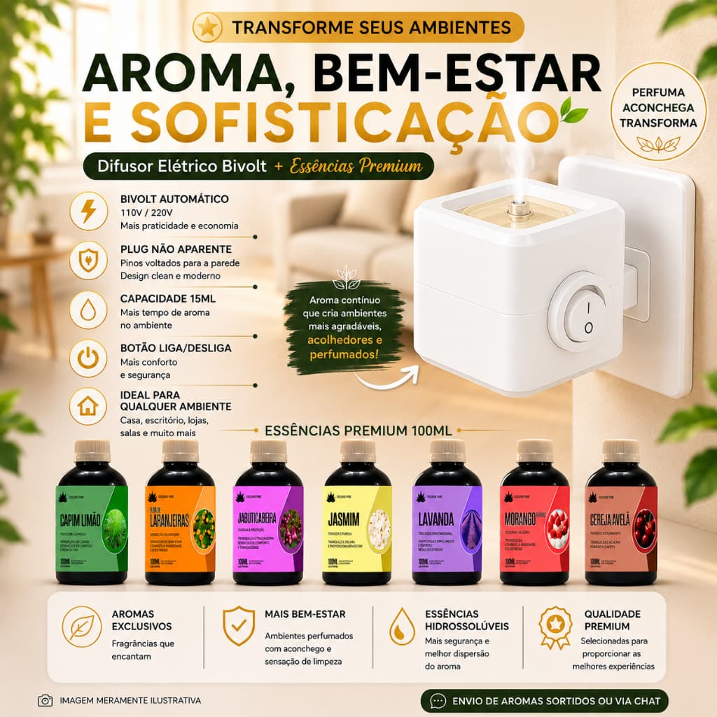 KIT 1 Difusor Elétrico Bivolt 110\220v Ou\e Kit 3\1 Essências Hidrossolúvel de 100ml - Premium