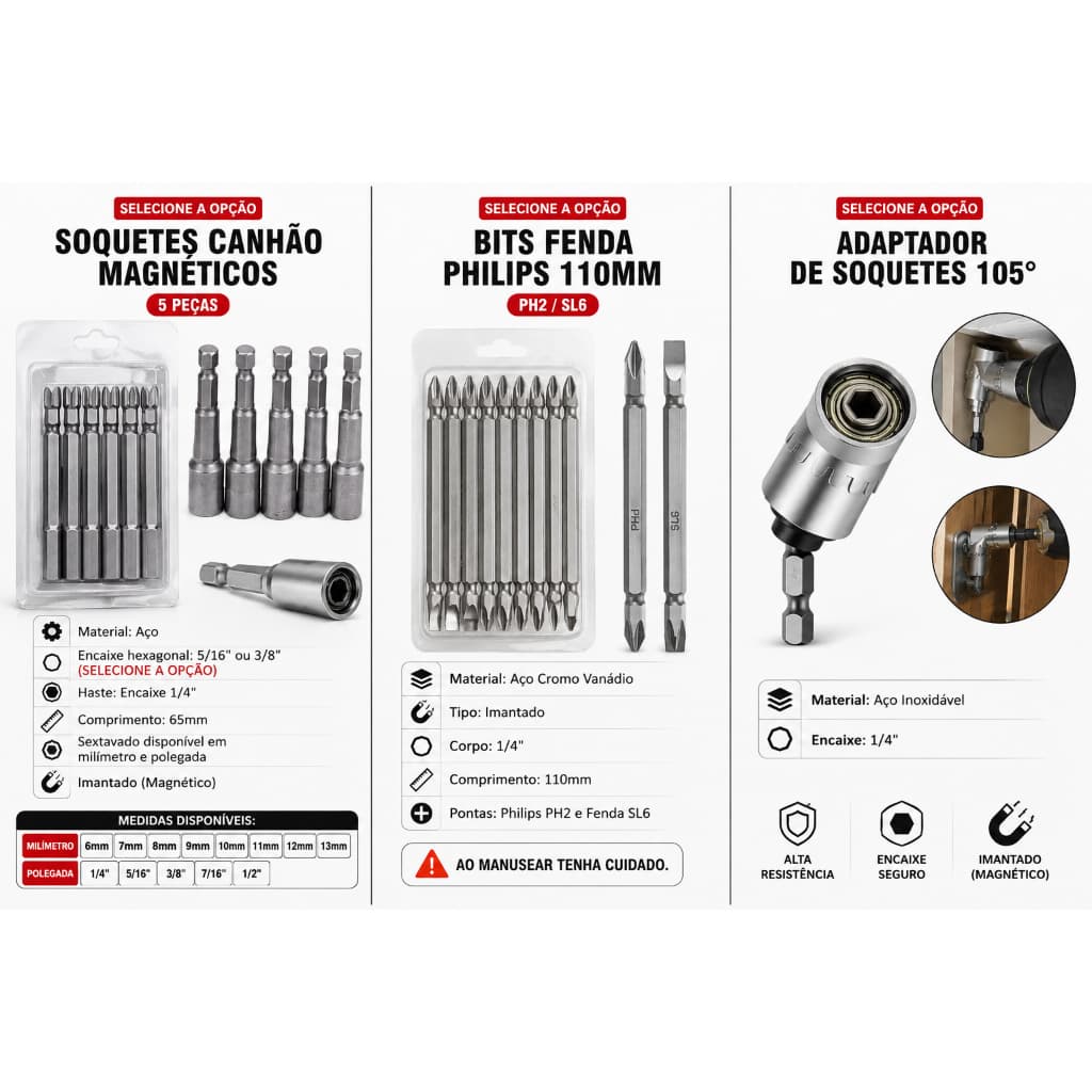 Jogo de Soquete Para Parafusadeira Furadeira Canhao Magnetico 65mm Imantado 5/16" 3/8" Profissional