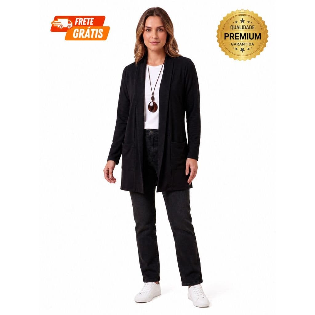 Cardigan Feminino Moletinho Aberto Com Bolsos Casual Leve Confortável Manga Longa Preto Inverno 26