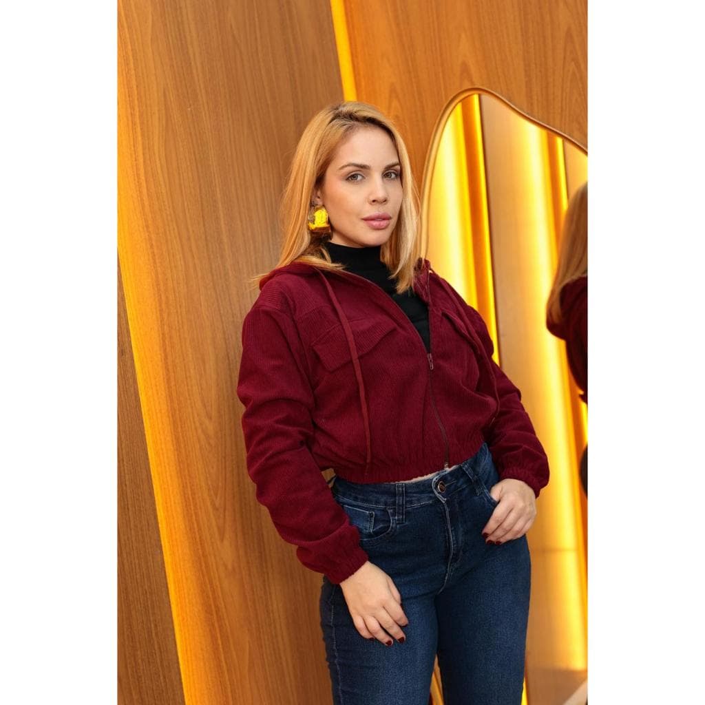 Jaqueta Casual Feminina Veludo Cotele com Capuz