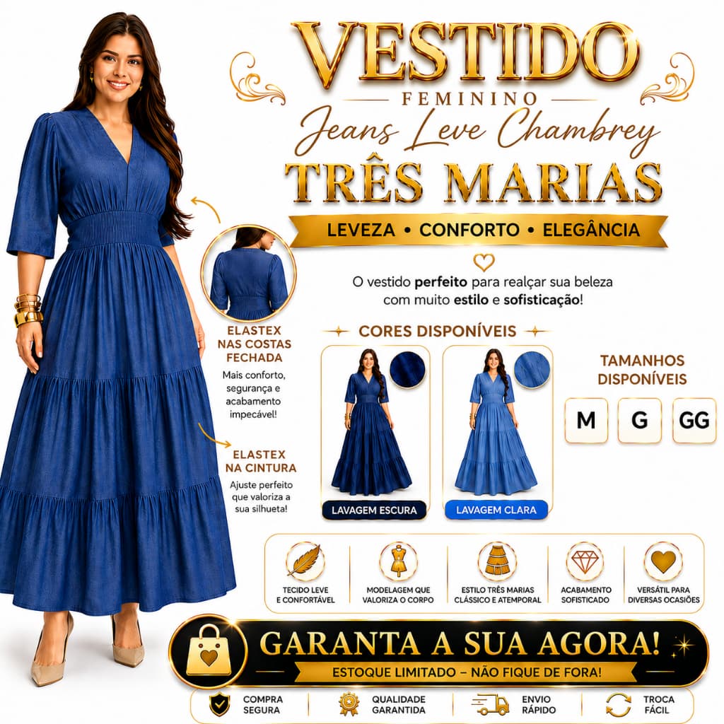 Vestido Feminino Jeans Leve Chambray Lastex nas Costas Babado Moda Evangélica REF 0055