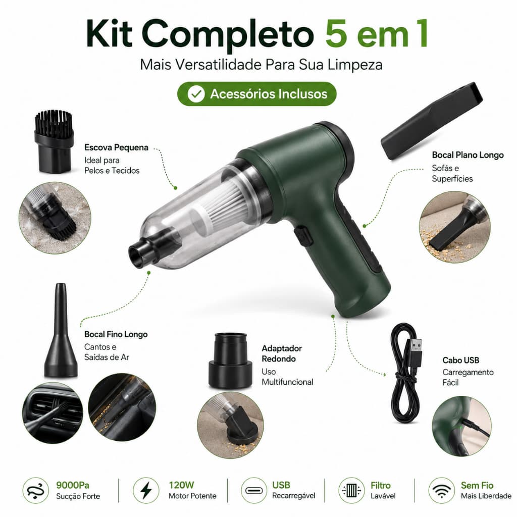 Mini Aspirador Vacuum Cleaner 5 em 1 Sem Fio Portátil Recarregável