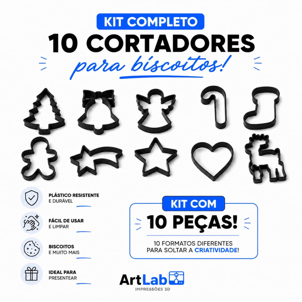 Kit 10 Cortadores de Biscoito Natalino Forminhas para Biscoitos, Pasta Americana, Fondant e Massas