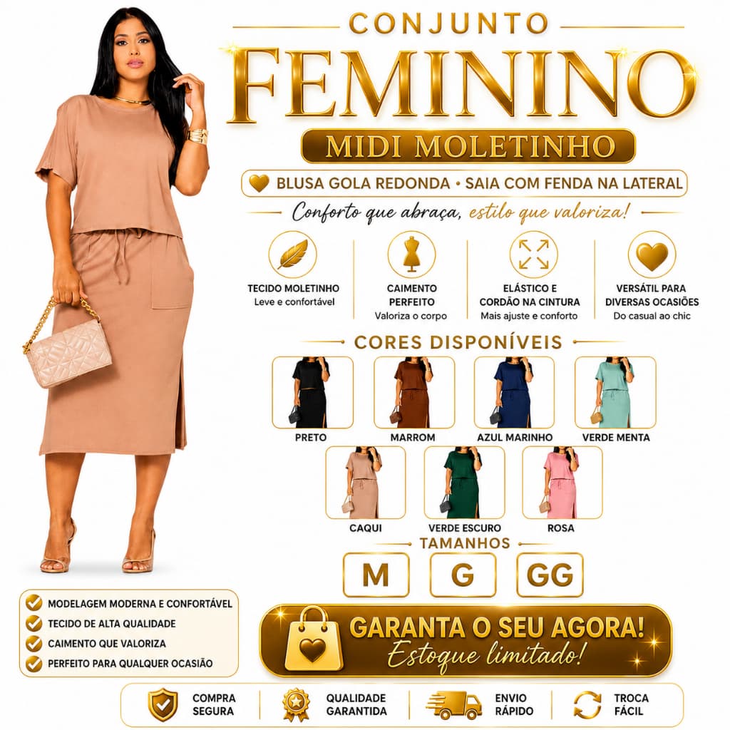 Conjunto Moletinho Feminino Midi – Conforto, Elegância e Estilo | M, G e GG