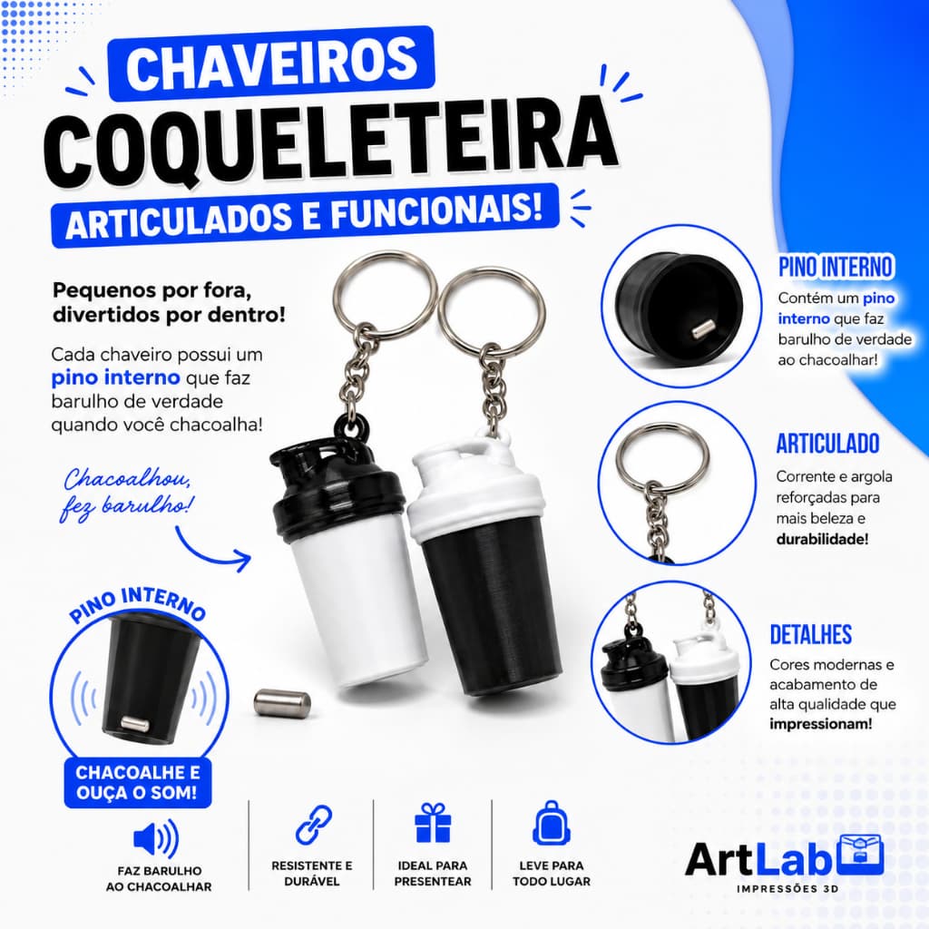 Kit com 20 Chaveiros Chacoalho Interativos Mini Coqueleteiras Fitness Musculação para Mimos