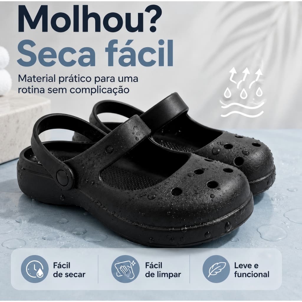 Clog Preto Feminino Confortável com Furos Respiráveis e Solado Seguro