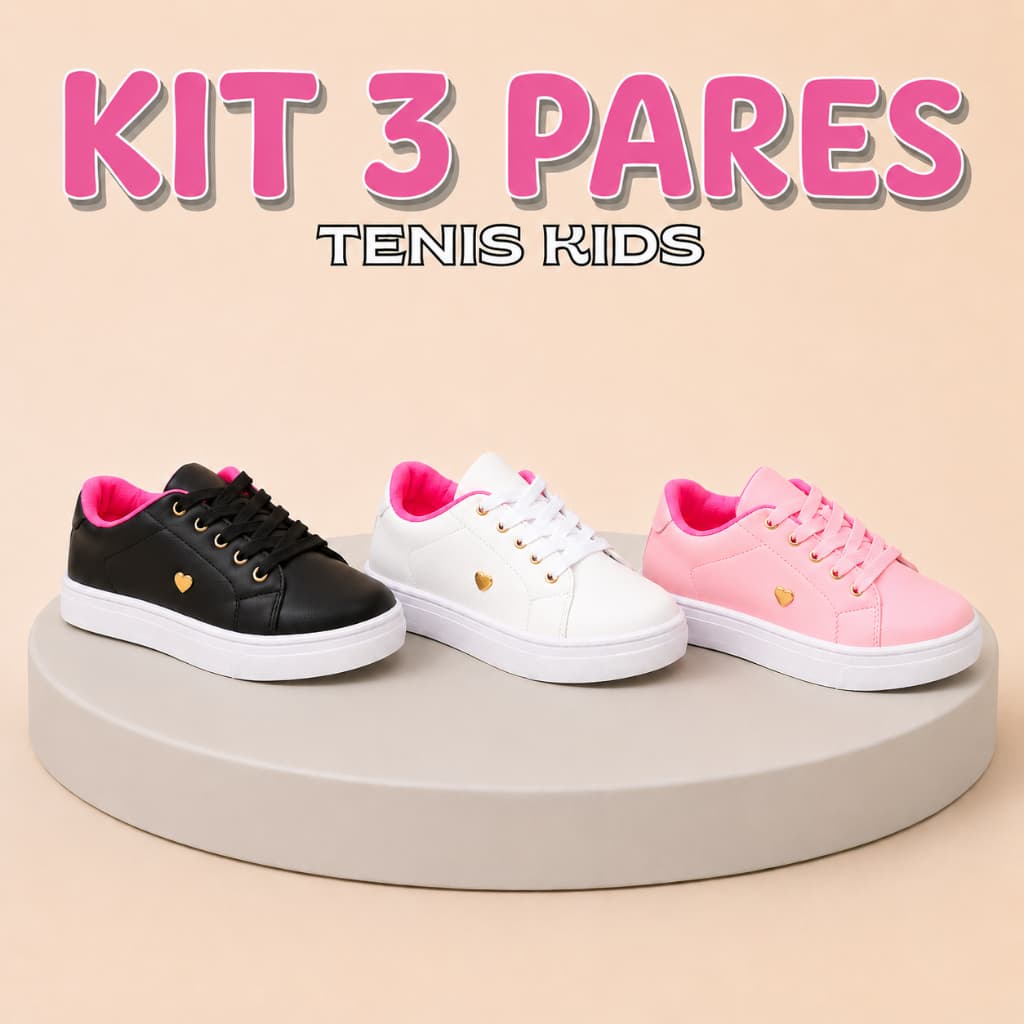 Kit 3 Pares Tênis Infantil Menina Com Coração Confortável Leve e Antiderrapante Uso Escolar