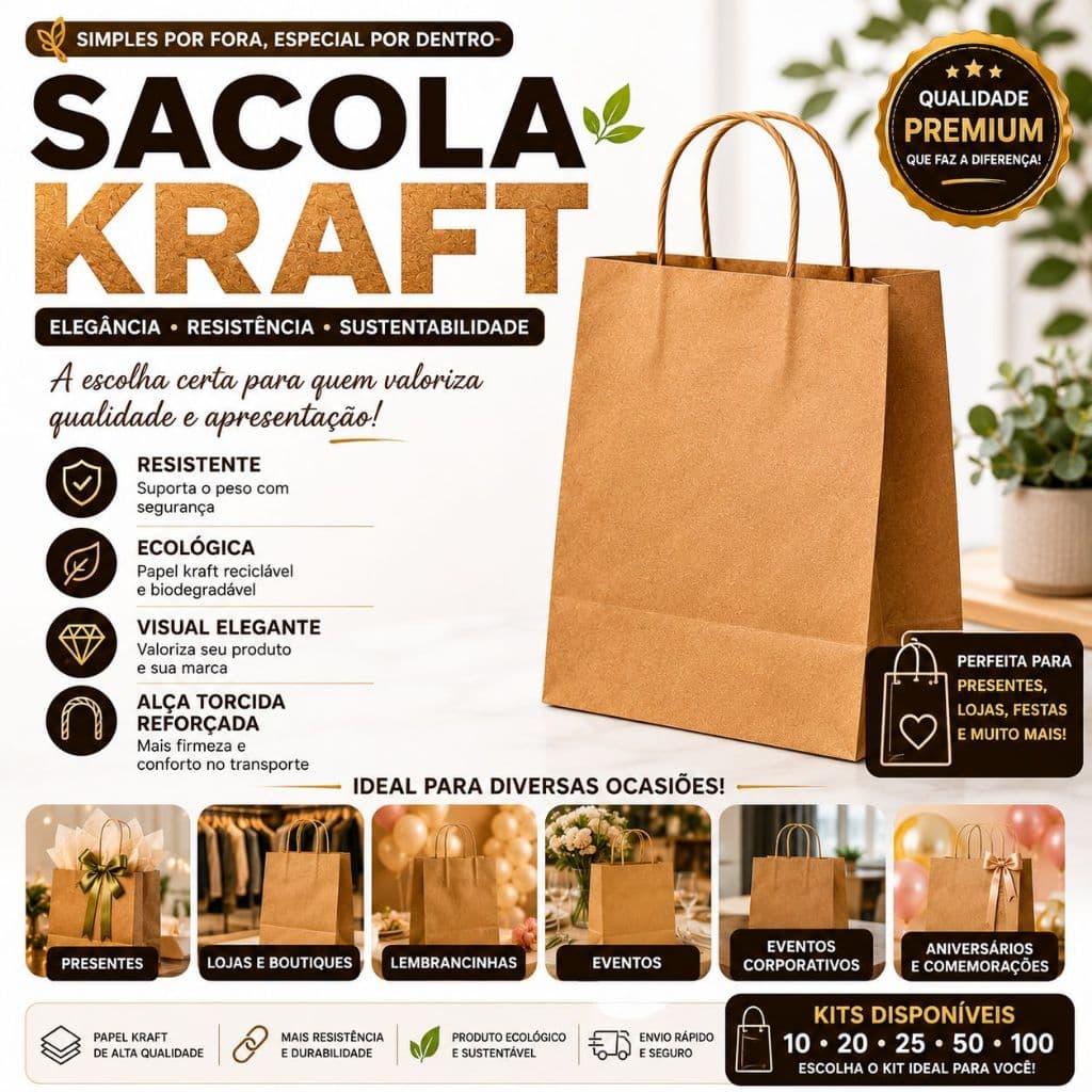 SACOLA KRAFT ECOLÓGICA E RESISTENTE Bolsa de Papel Sustentável para Loja e Presente