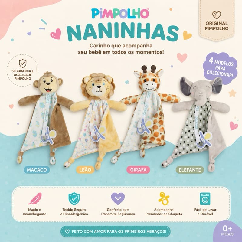 Naninha Para Bebê Pimpolho Com Prendedor de Chupeta Naninha para Menina e Naninha para Menino