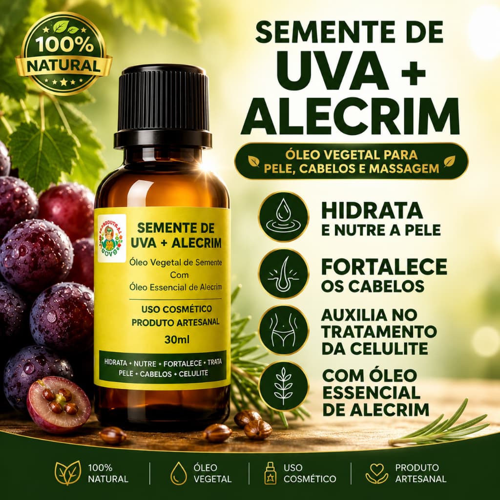 Óleo de Semente de Uva com Alecrim 30ml | 100% Natural | Pele, Cabelos e Massagem