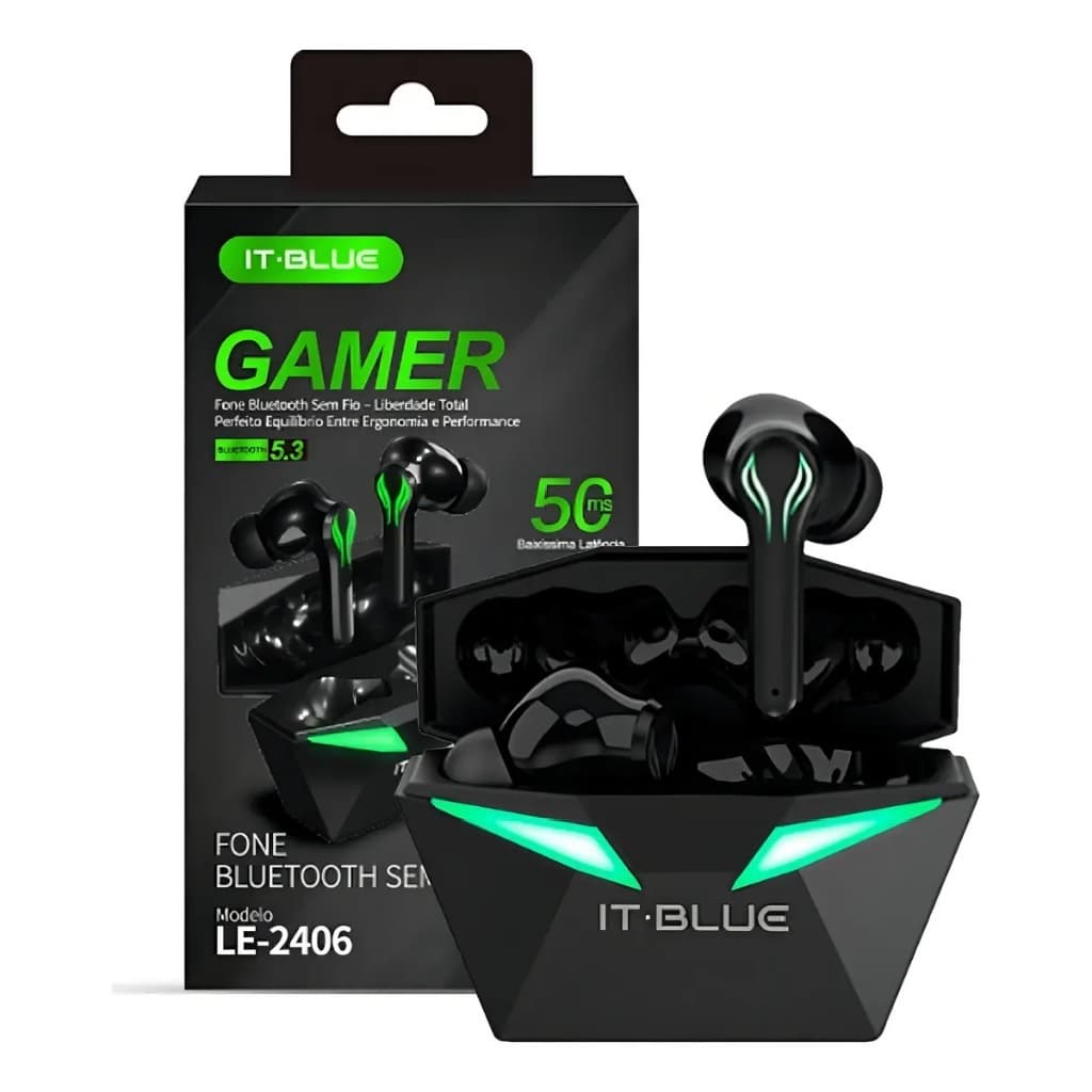 Fone De Ouvido Gamer It blue Musica Sem Fio Bluetooth 5.3 Intra-auricular Microphone e Luz LED
