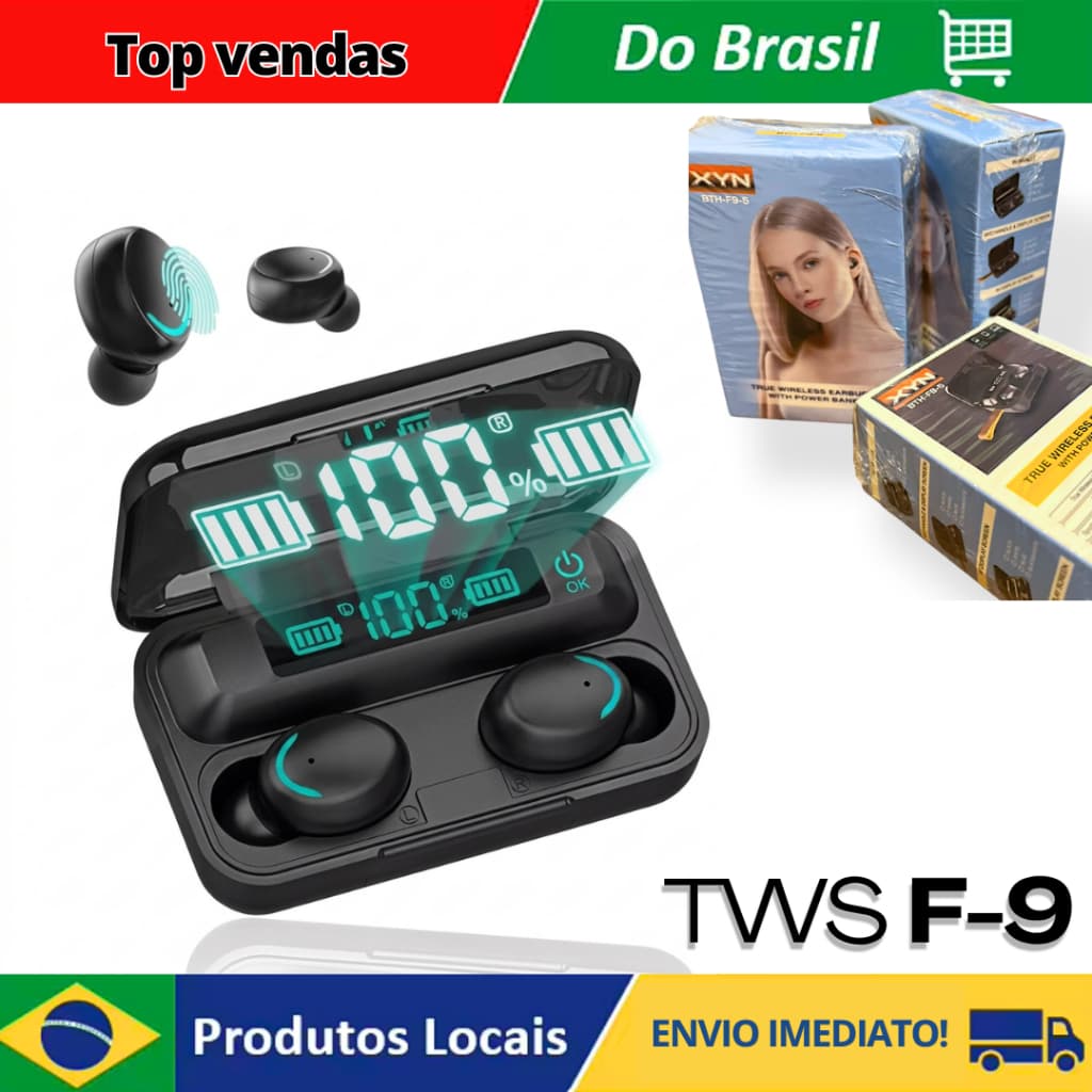 Fone de Ouvido TWS F9-5 Original - Surround 8D e Power Bank Integrado - Prova d'agua IPX7