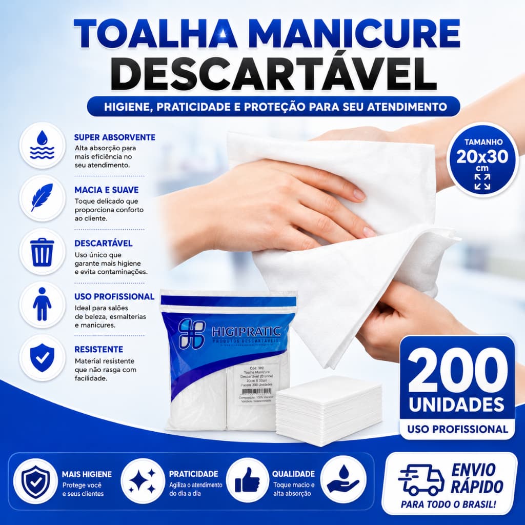 Toalha Manicure Descartável 20x30 200UN Profissional Alta Absorção – Salão e Estetética
