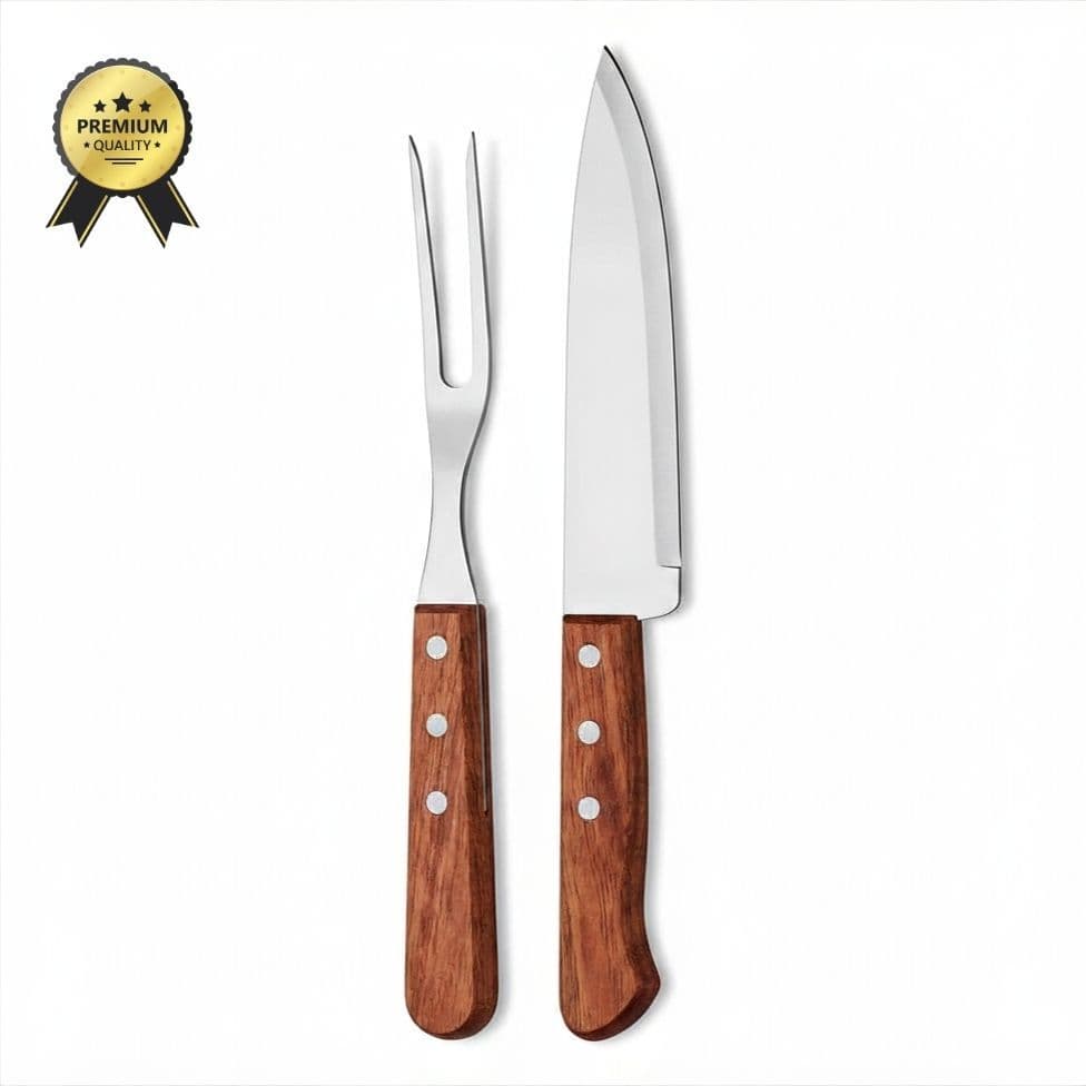 KIT CHURRASCO 2 PEÇAS FACA + GARFO COM CABO DE MADEIRA LÂMINAS RESISTENTES EM AÇO INOX PRENDA FESTA JUNINA