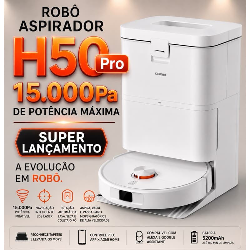 Robô Aspirador H50 PRO 15.000 Pa Sucção Aspira e Passa Pano/ Base de auto limpeza - LANÇAMENTO 2026