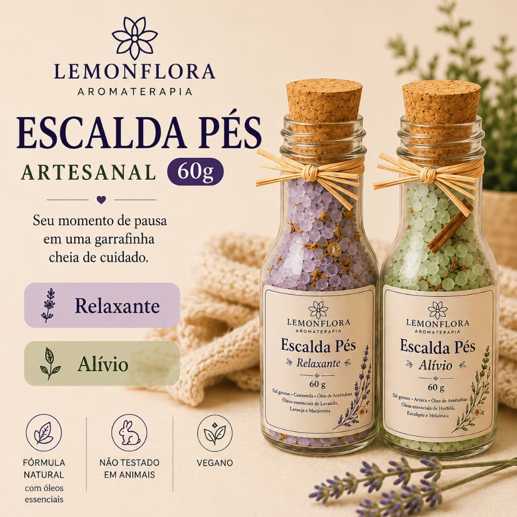 Escalda-Pés Artesanal Aromaterapia 60g | Relaxante ou Alívio | SPA para os Pés com Óleos Essenciais | Lemonflora