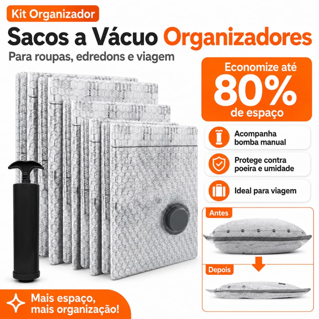 Kit 6/9/12 Sacos a Vácuo 50x40, 60x40, 60x50cm | Organização de Roupas, Mala de Viagem e Guarda-Roupa | Com Bomba Manual