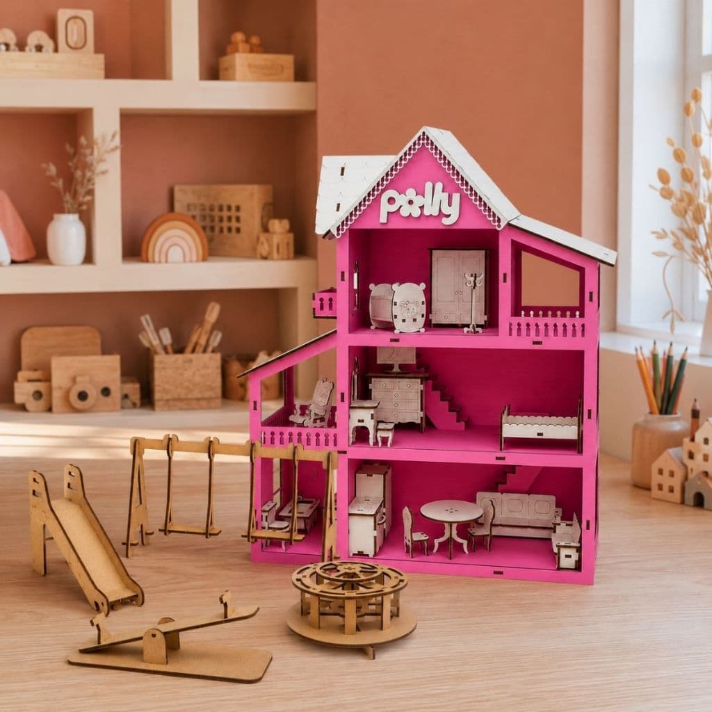 Casinha Casa de boneca mdf 45x13cm + 19 Mini Moveis Pequenos Acompanha  Parquinhos em mdf