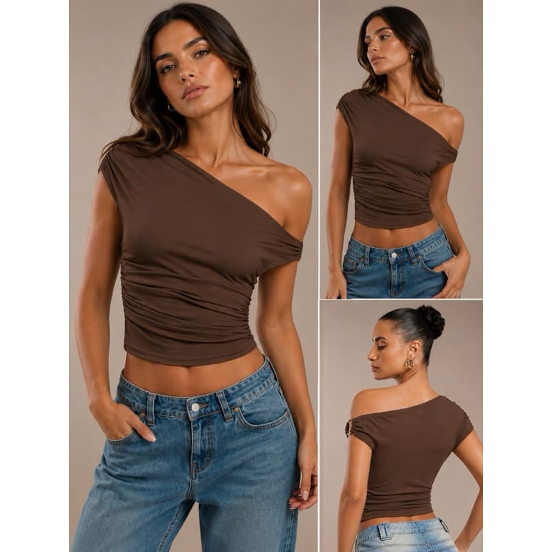 Blusa Feminina Ombro a Ombro Assimétrica Franzida Elegante Manga Curta