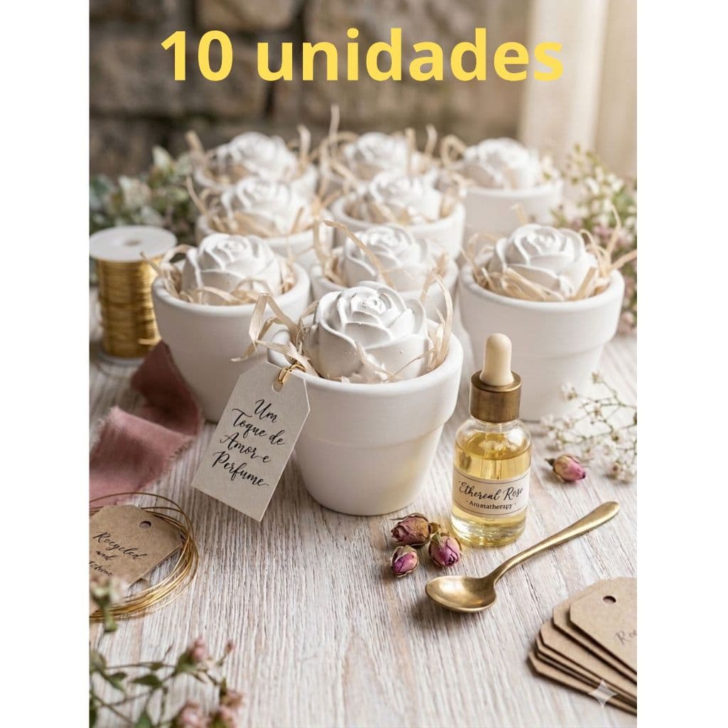 KIT 10 vasinhos redondo branco de gesso com 10 sabonetes formato rosa mamãe bebe