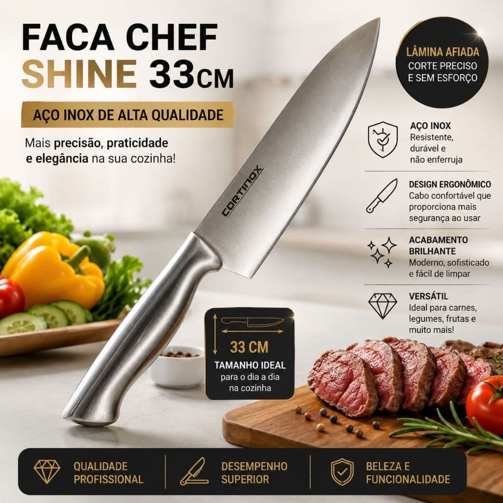 Faca Profissional Chef 33 Cm Laminada Aco Inox Corte Preciso Durável