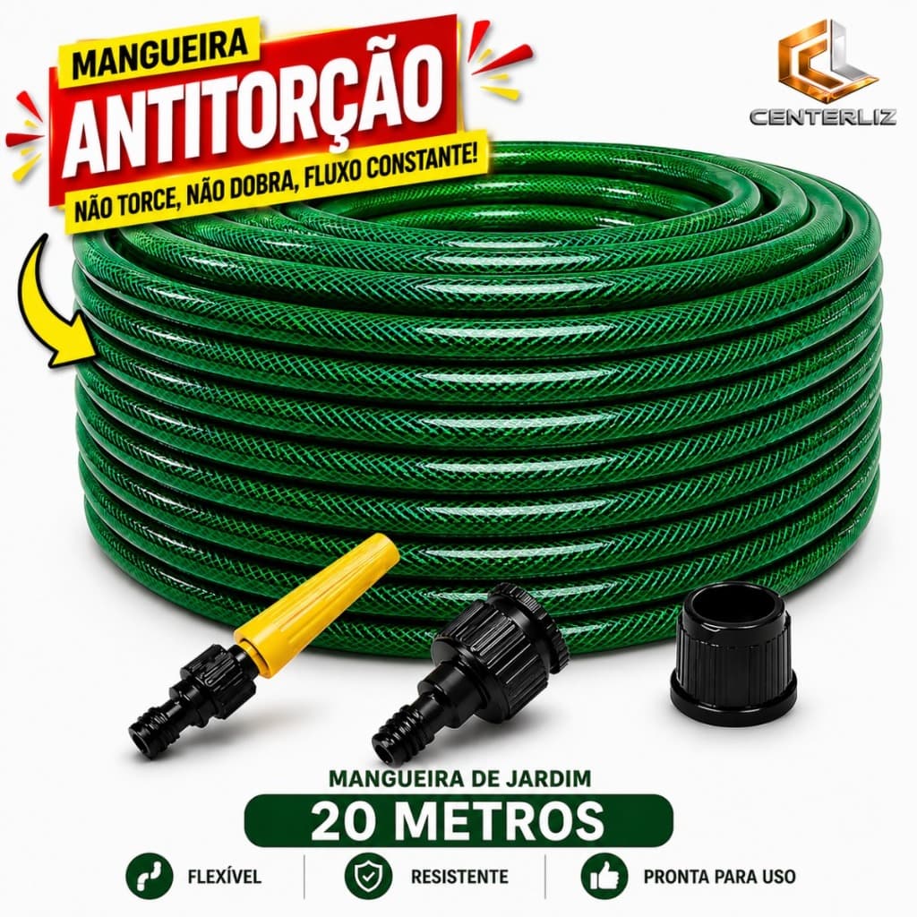 Mangueira Multiuso Antitorção 20 Metros Verde e Preto para Jardim Quintal e Uso Doméstico