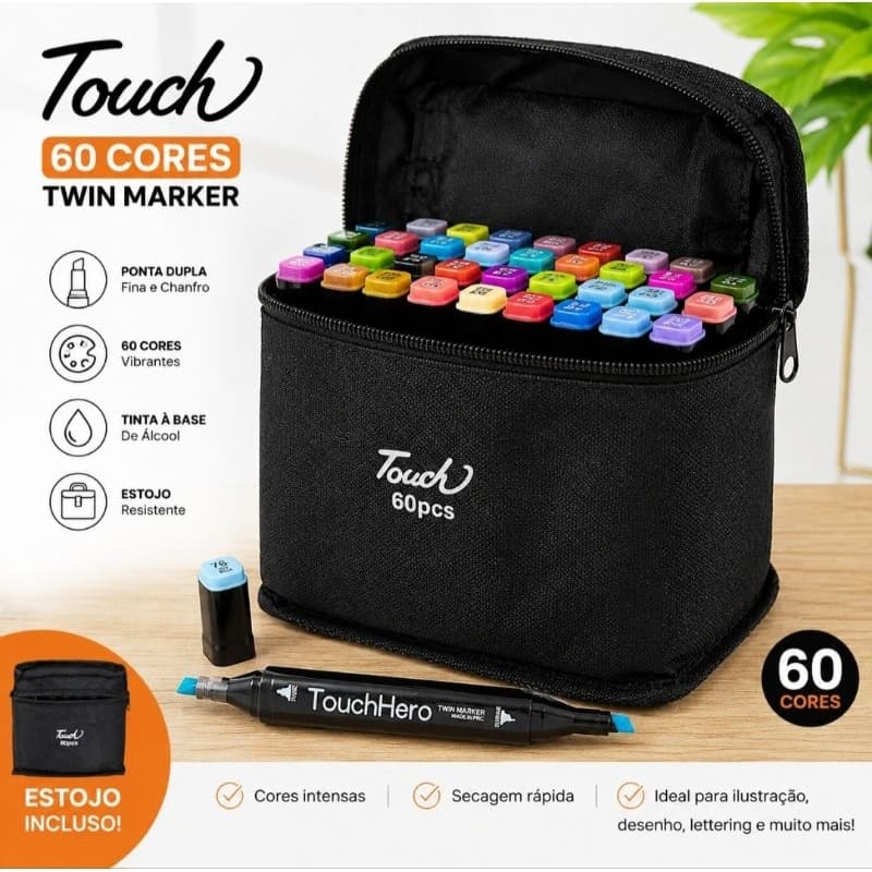 Kit 60 Canetas Touch Marker Profissional Desenho Manga Sketch Escolar Canetinha