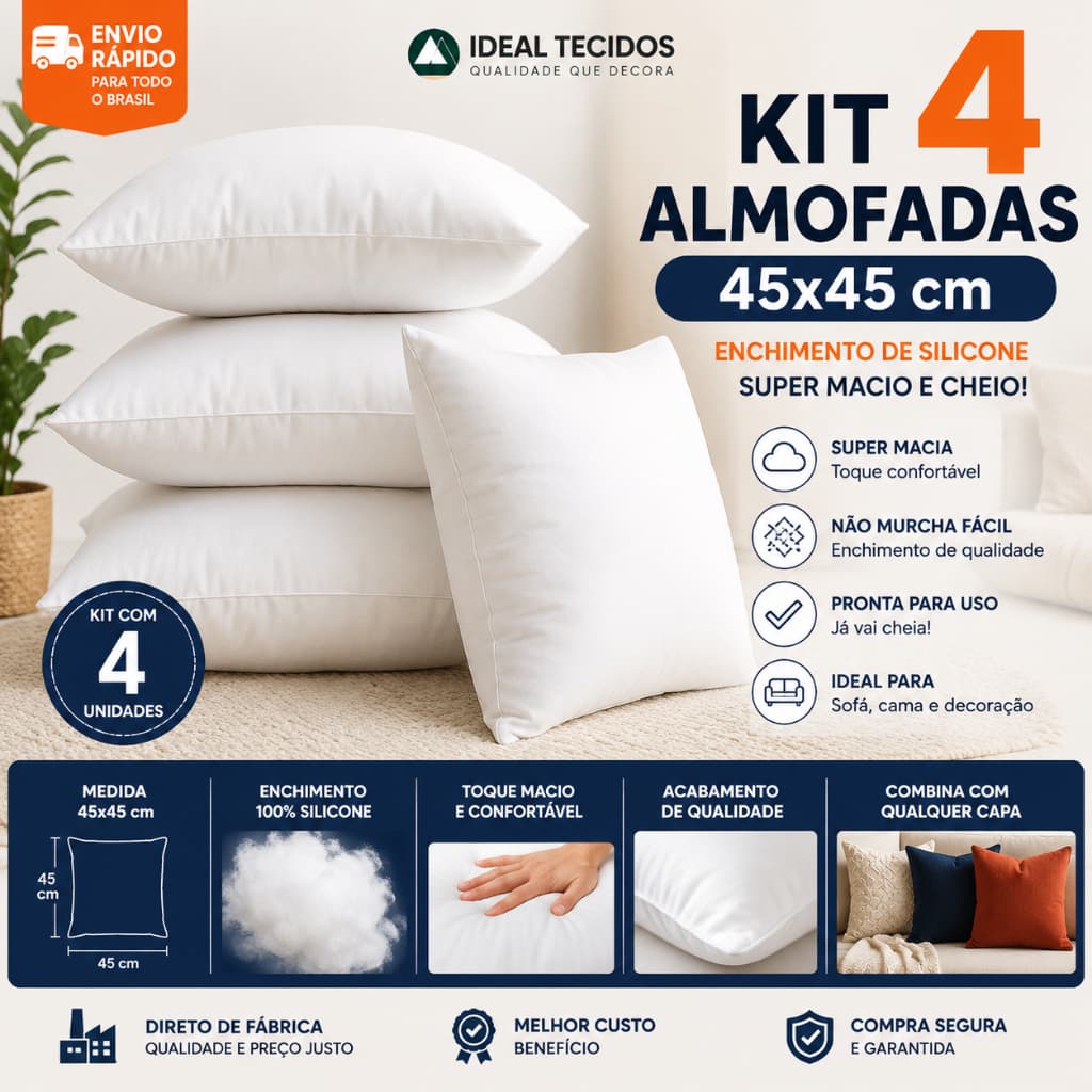 Kit com 4 Refil 45x45 de enchimento para almofadas SILICONE