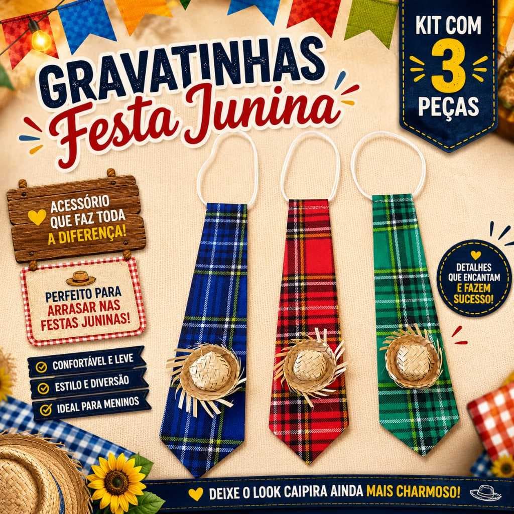 Kit 3 Gravata Festa Junina Chapeuzinho de Palha Caipira