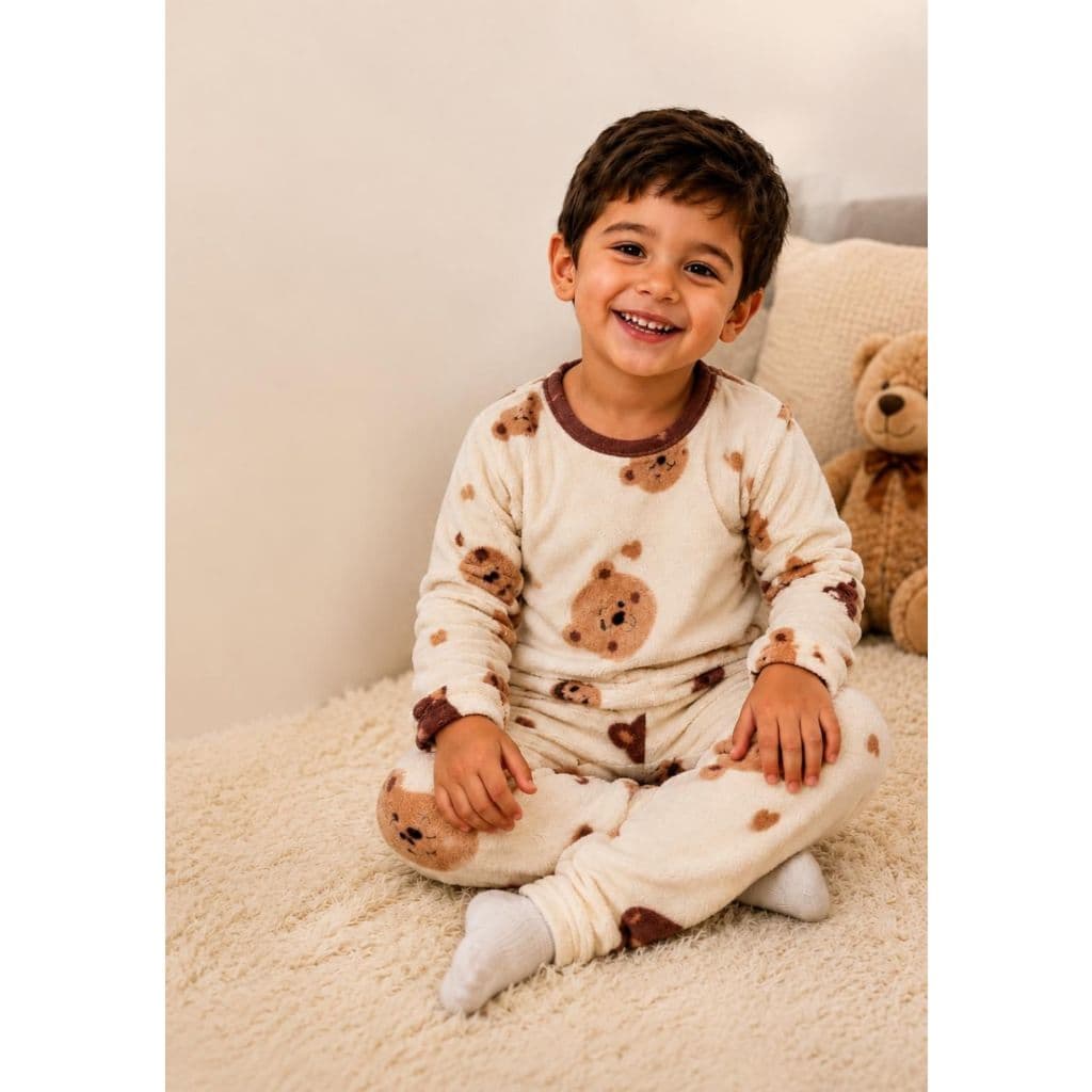 Pijama de inverno longo solft fleece ted com punho de menino e menina