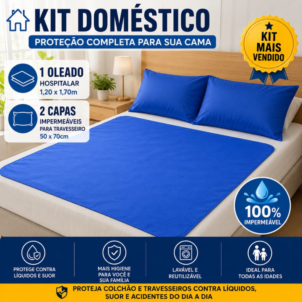 Kit Impermeável Hospitalar 1 Oleado 1,20x1,70 + 2 Capas Travesseiro Impermeáveis