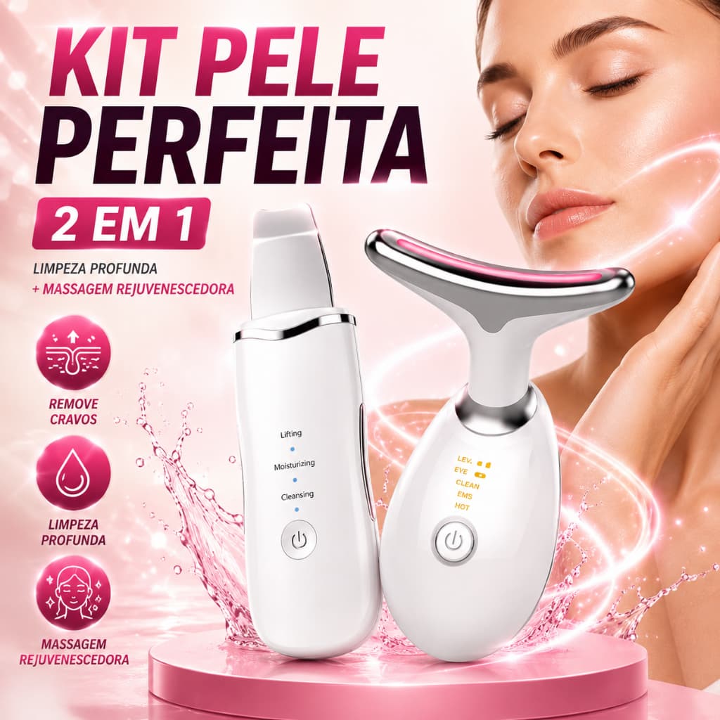 Kit Massageador Facial Anti Rugas LED + Removedor De Cravos Ultrassônico Limpeza Facial Recarregável