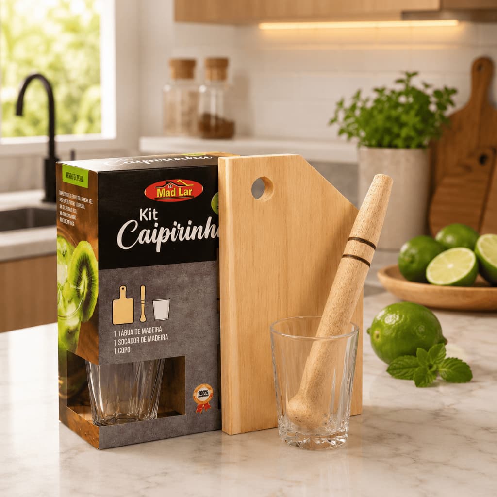 Kit Caipirinha Copo de Vidro Shot Socador de Madeira Tábua para Corte Drink Bar Completo