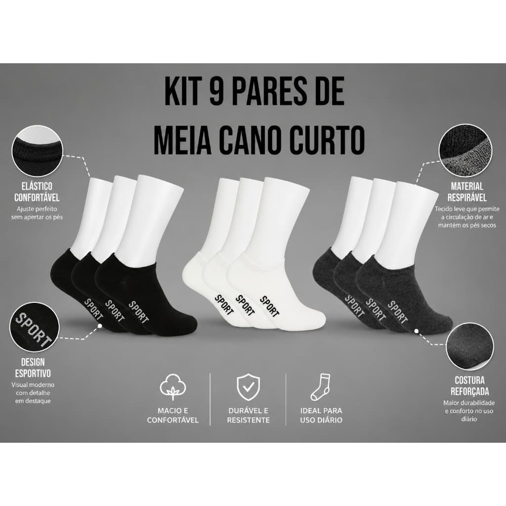 Kit 9 Pares de Meia Cano Curto Cano Baixo Soquete Sapatilha Unisex