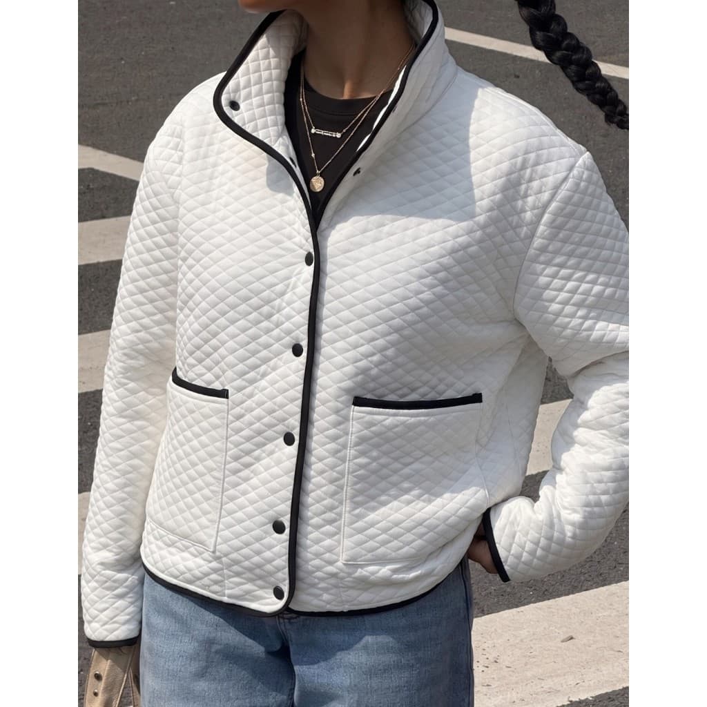 Jaqueta Feminina Matelassê Gola Alta Casaco Botões Bolsos Frontais Elegante Inverno