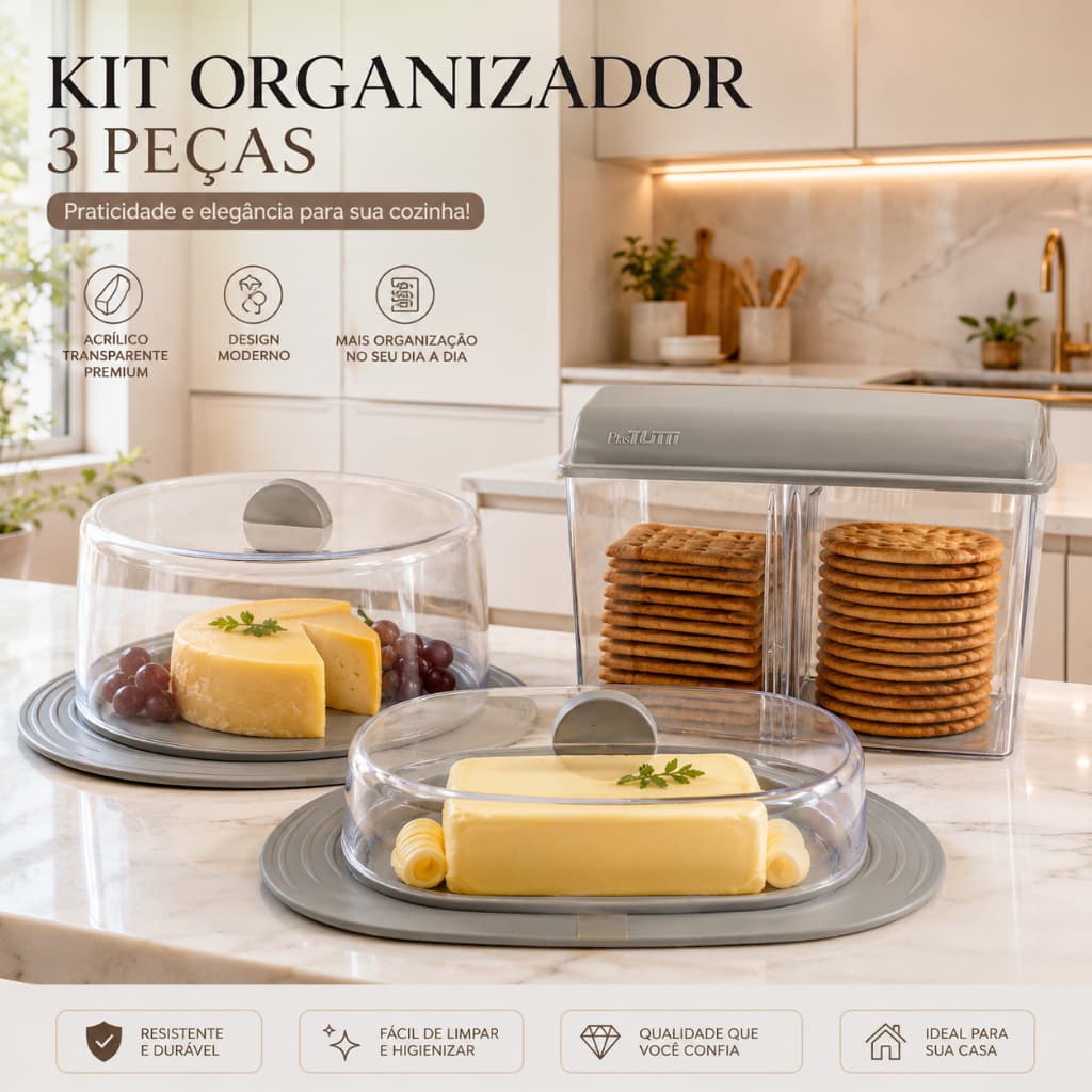 kit Café da Manhã Mesa Posta Porta Bolachas, Manteigueira e Queijeira