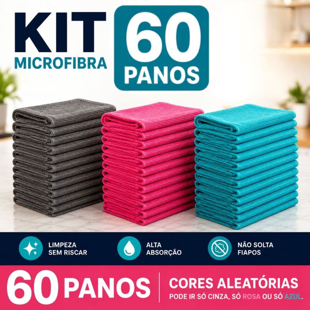 Kit 60 Flanelas Microfibra 25x25 Alta Absorção Limpeza Doméstica Automotiva Cores Sortidas