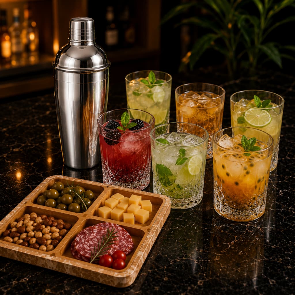 Coqueteleira Inox Drinks 500ml + Petisqueira MDF + 6 Copos Vidro 280ml Caipirinha Bar Dia dos Pais