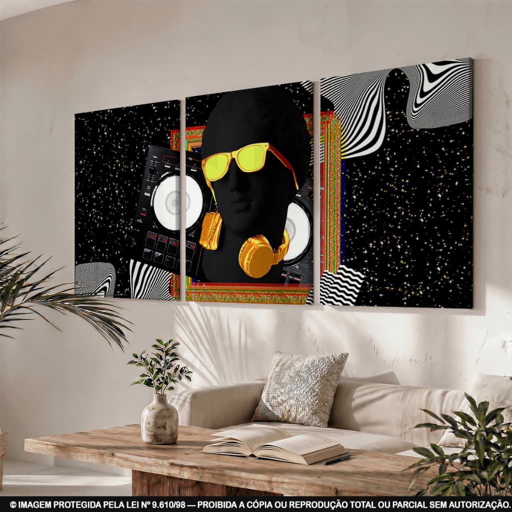 Kit 3 Quadros Decorativos DJ Neon Psicodélico Gamer Música Eletrônica Moderno Sala Quarto Decoração Premium