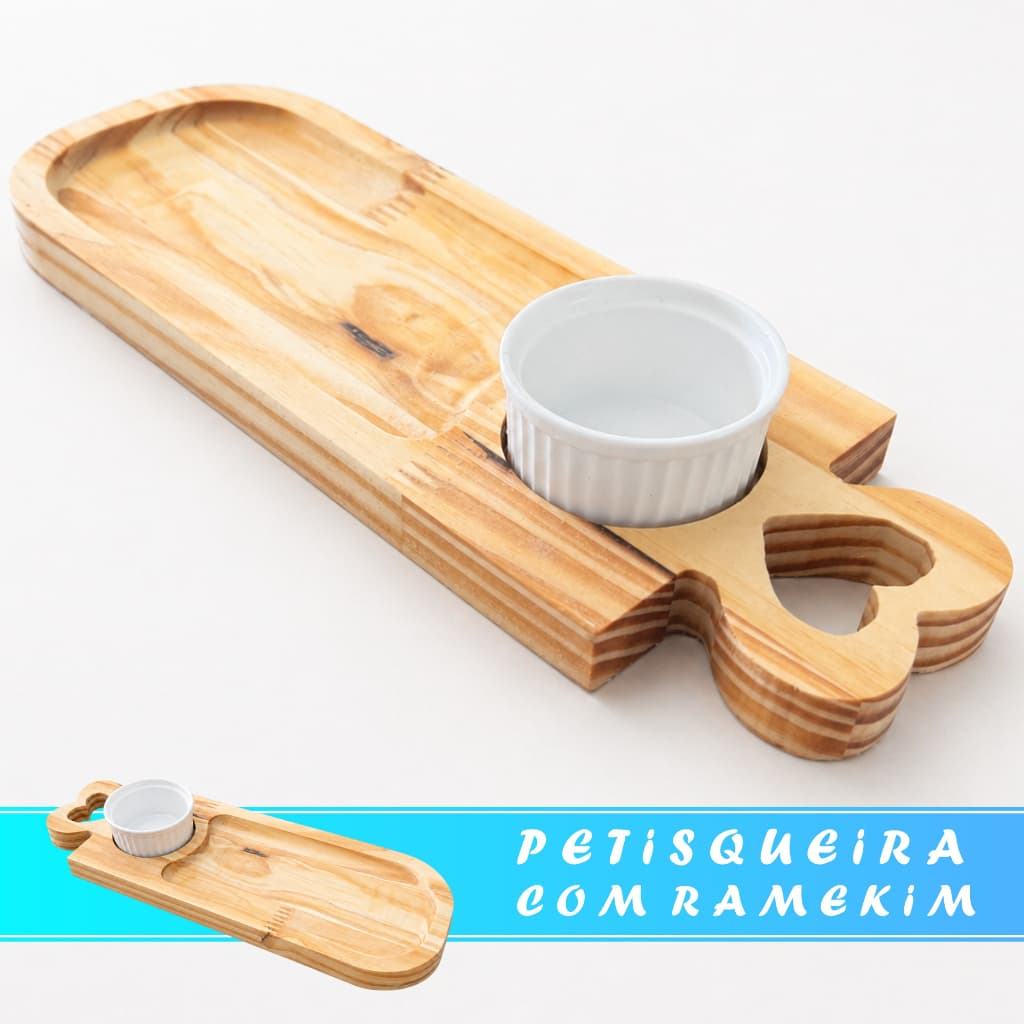 Kit Petisqueira de Bambu Coração Impermeável com Ramekin – Ideal para Frios Queijos Molhos Aperitivos