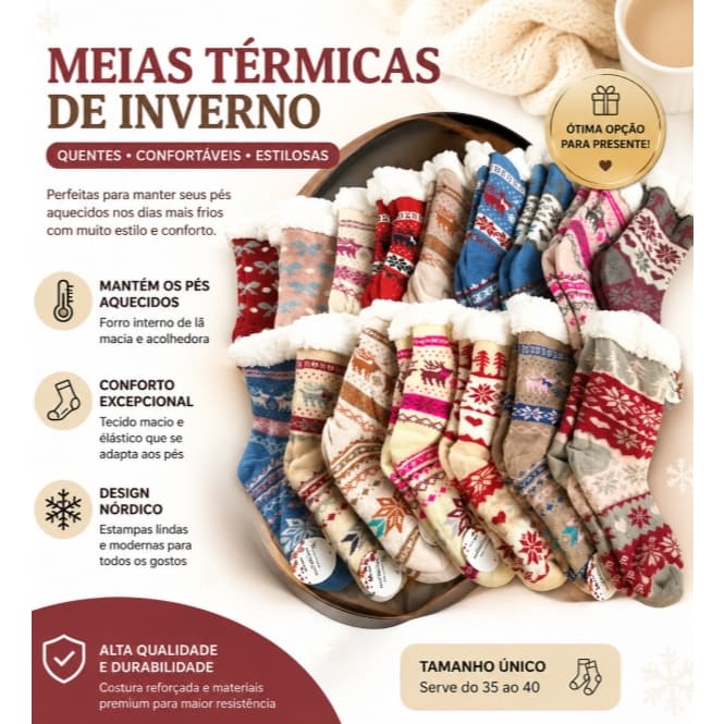 Meias Térmicas Femininas de Inverno com Forro Peluciado Antiderrapantes Quentes e Confortáveis 35-40