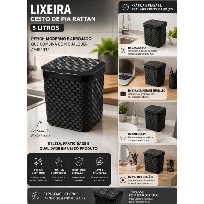 Lixeira Cesto Classic Rattan 5L Resistente Versátil - Arqplast