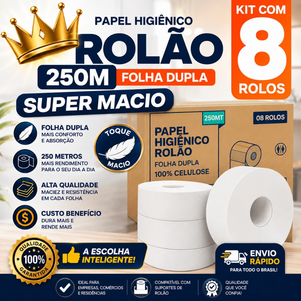 Papel Higiênico Rolão 250m C/8 Rolos Folha Dupla Super Macio