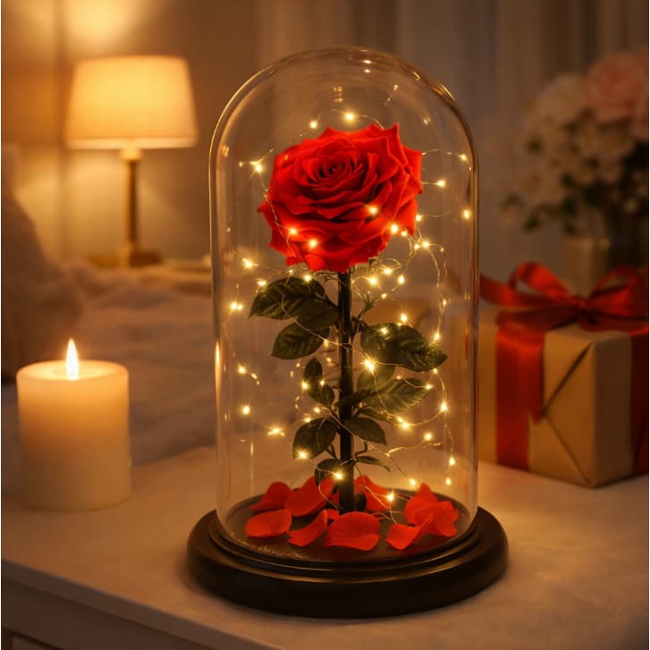 Rosa Encantada LED Cúpula Vidro Flor Artificial Vermelha 15cm Presente