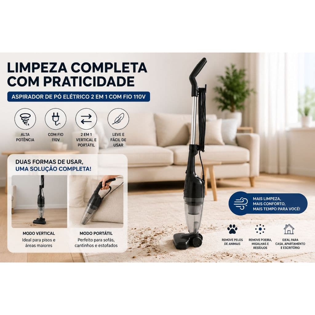 Aspirador Poeira Eletrico Portatil Vertical 2 Em 1 Com Fio Alta Potencia 110v Pó Limpa Carpete Estofados Casa