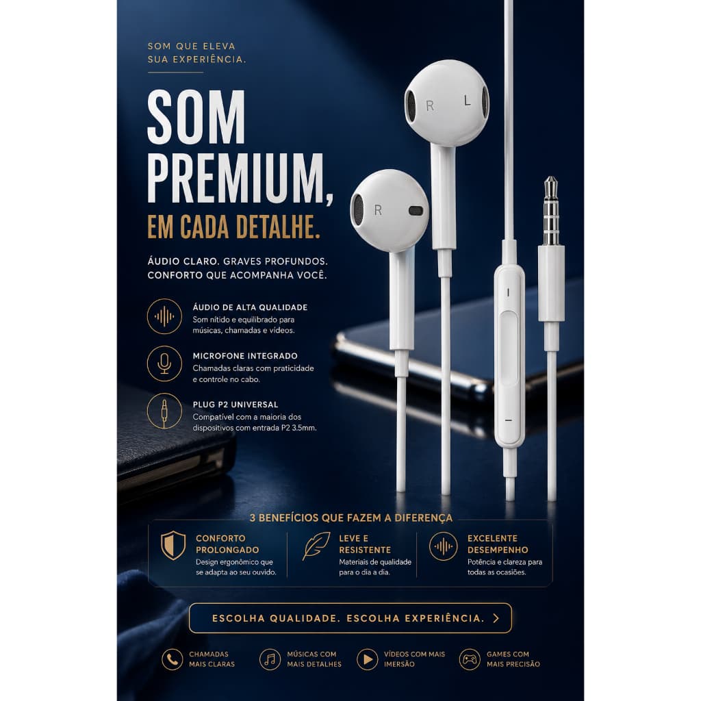 Fone De Ouvido Com Fio Com Controle E Microfone 3.5mm Cor Branco 5.0