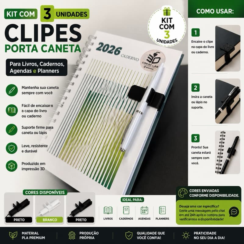 Clipe Porta Caneta Para Livro Caderno Agenda Planner Kit 3 Unidades